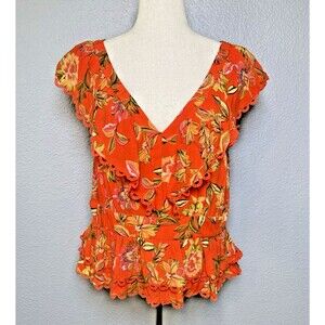 Rose + Olive Anthropologie flutter sleeve ruffle womens floral blouse Large